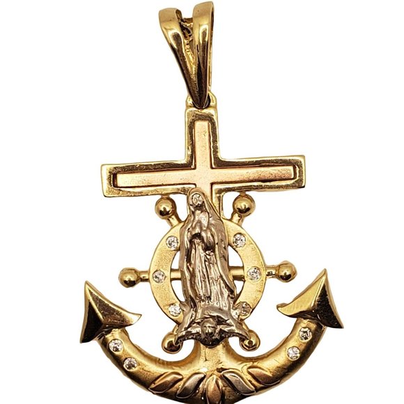 14K 3 Tone Gold Color Virgin Mary Cross Anchor Mariner Ship Rudder Wheel Pendant